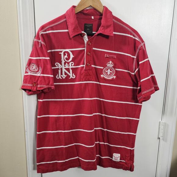 Parish Nation Red Short Sleeve Rugby Shirt Sz XL Raised Logo Y2K Preppy Varsity - Picture 1 of 6